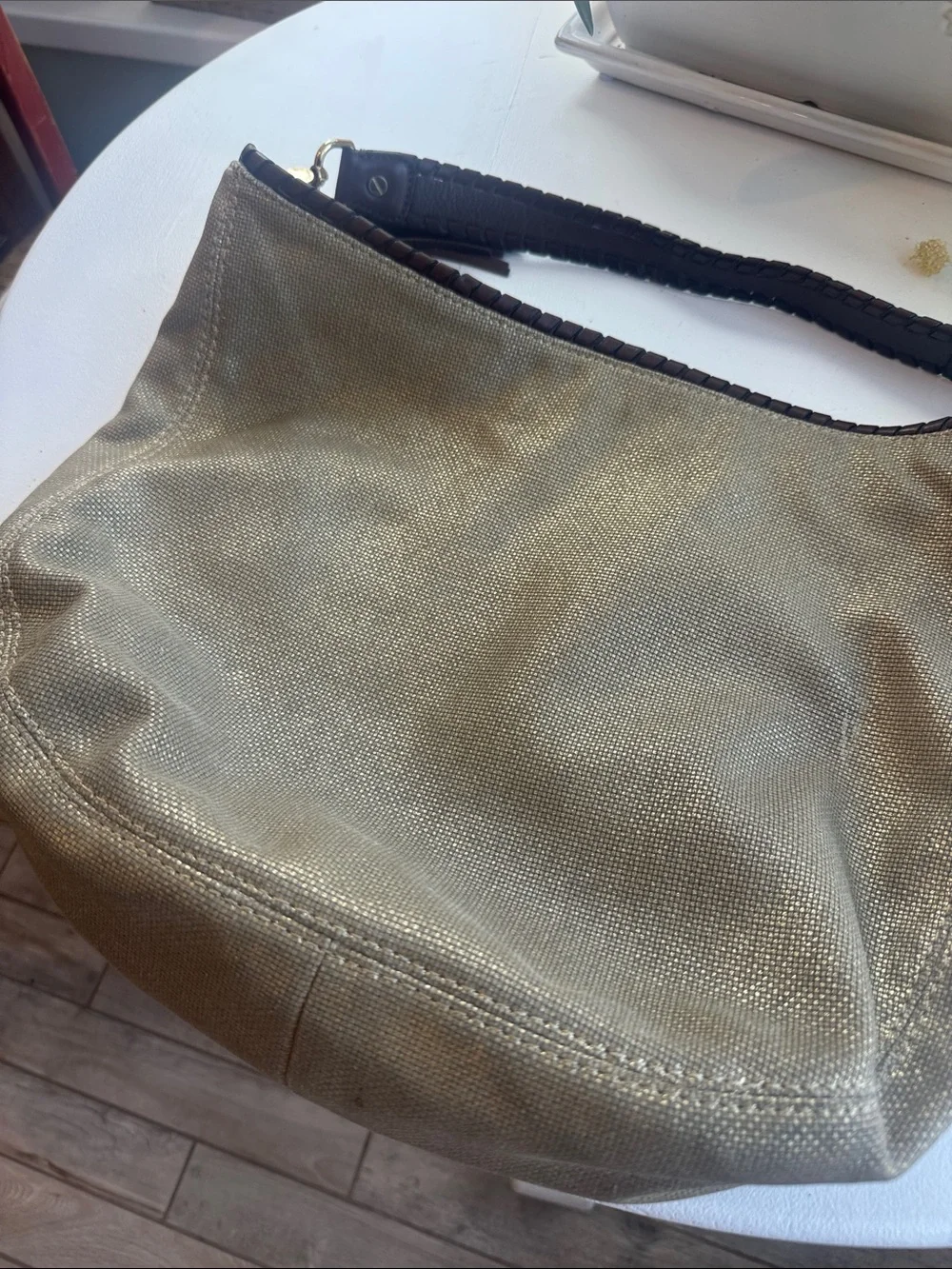 Michael Kors Metallic Gold Shoulder Hobo Bag with Brown Tassel Accent